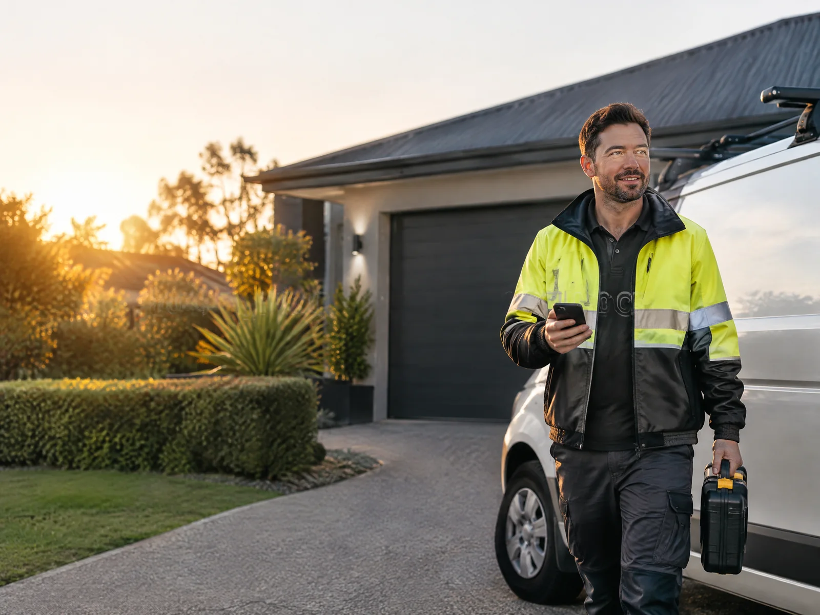Tradesperson handling a customer enquiry beside a service van